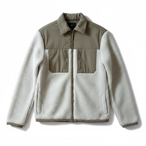 Y2K H&M Men’s Sherpa Fleece Jacket Regular Fit Cream Brown Size Small Gorpcore - Picture 11 of 11